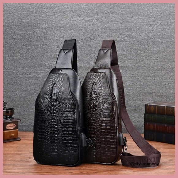 Crocodile Faux Leather Sling Bag Crossbody Backpack with USB Port Crocodile Sling Backpack One Strap Travel Sports Crossbody Bag main image 2